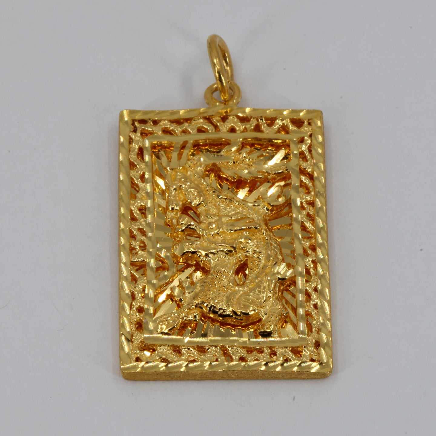 24K Solid Yellow Gold Zodiac 3D Dragon Rectangular Pendant 12.3 Grams