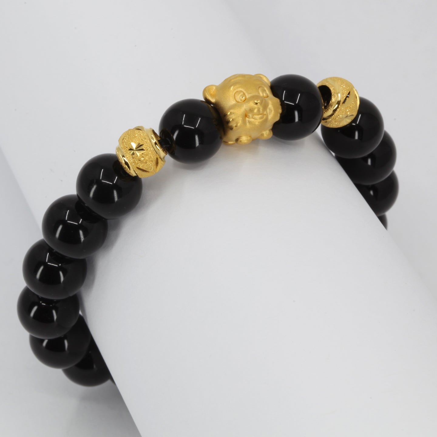 24K Solid Yellow Gold Tiger Black Obsidian Bracelet 2.5 Grams