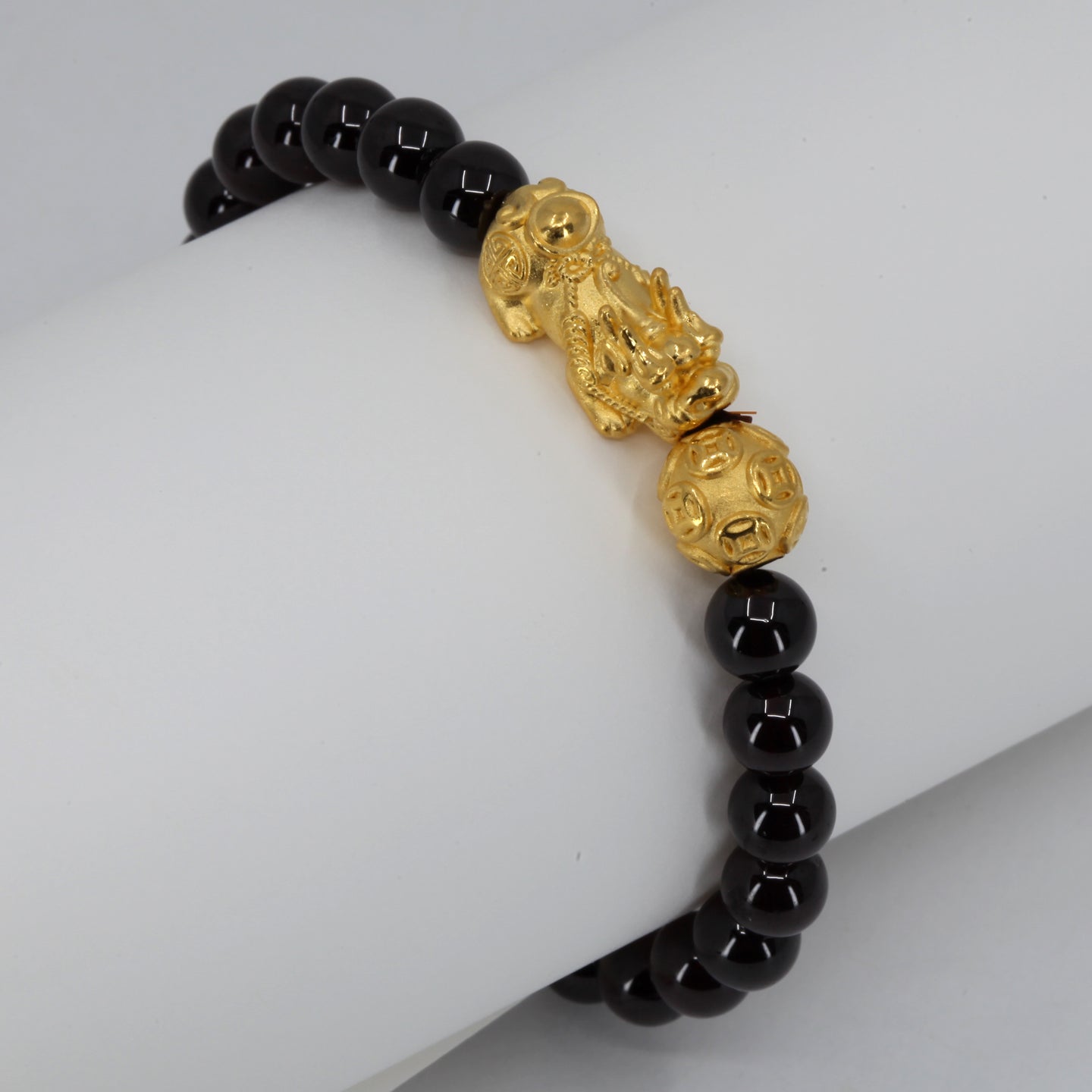 24K Solid Yellow Gold Pi Xiu Pi Yao 貔貅 Black Obsidian Bracelet 3.3 Grams