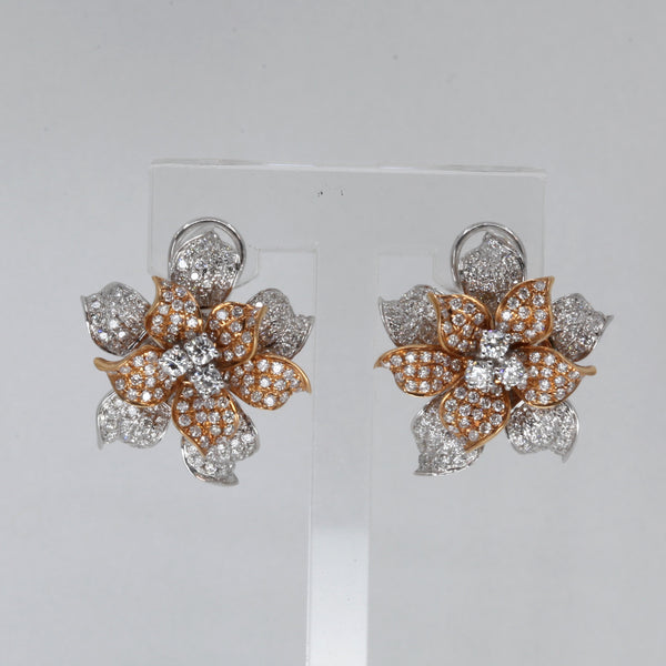 18K White / Rose Gold Diamond Flower French Clip Earrings D2.38 CT