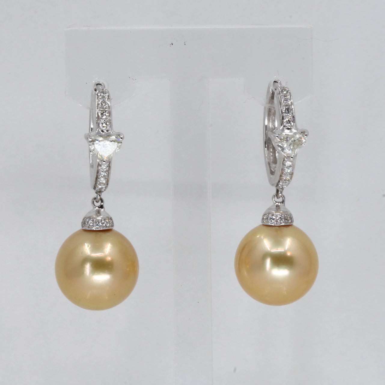 18K White Gold Heart Shape Diamond South Sea Golden Pearl Hanging Hoop Earrings D0.74 CT