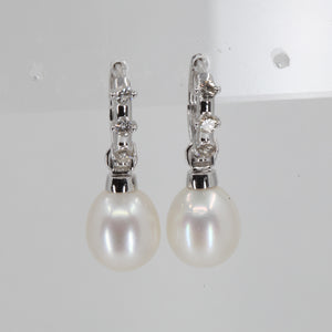 14K White Gold Diamond White Pearl Hanging Earrings D0.42 CT