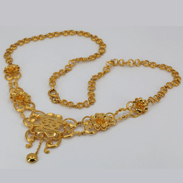24K Solid Yellow Gold Wedding Flower Double Happiness Chain Necklace 41.3 Grams