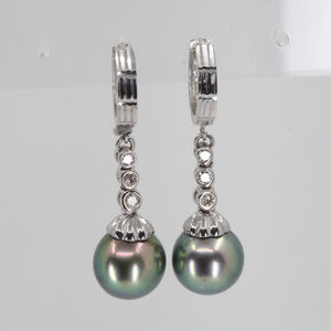 14K White Gold Diamond South Sea Black Pearl Hanging Earrings D0.38 CT