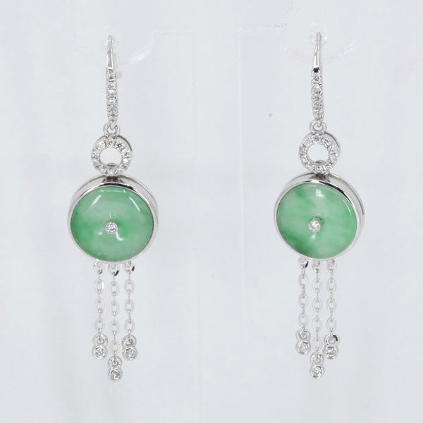 14K White Gold Diamond Green Round Jade Hanging Earrings D0.24 CT