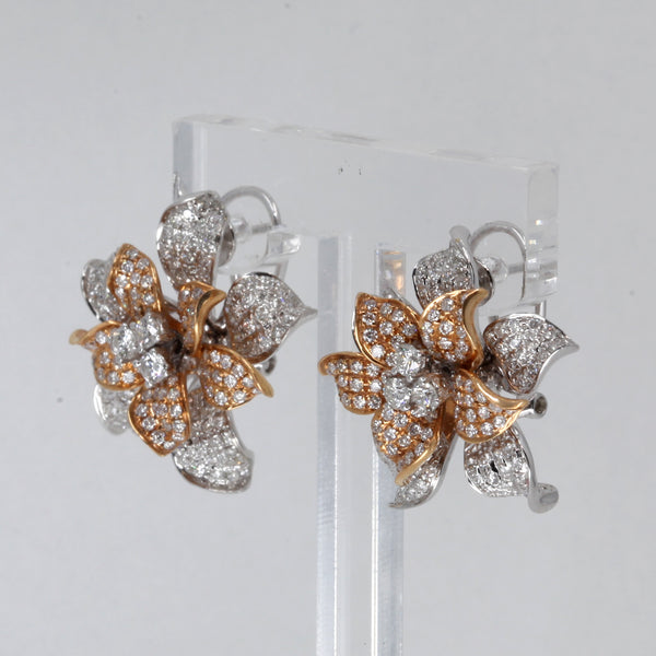 18K White / Rose Gold Diamond Flower French Clip Earrings D2.38 CT
