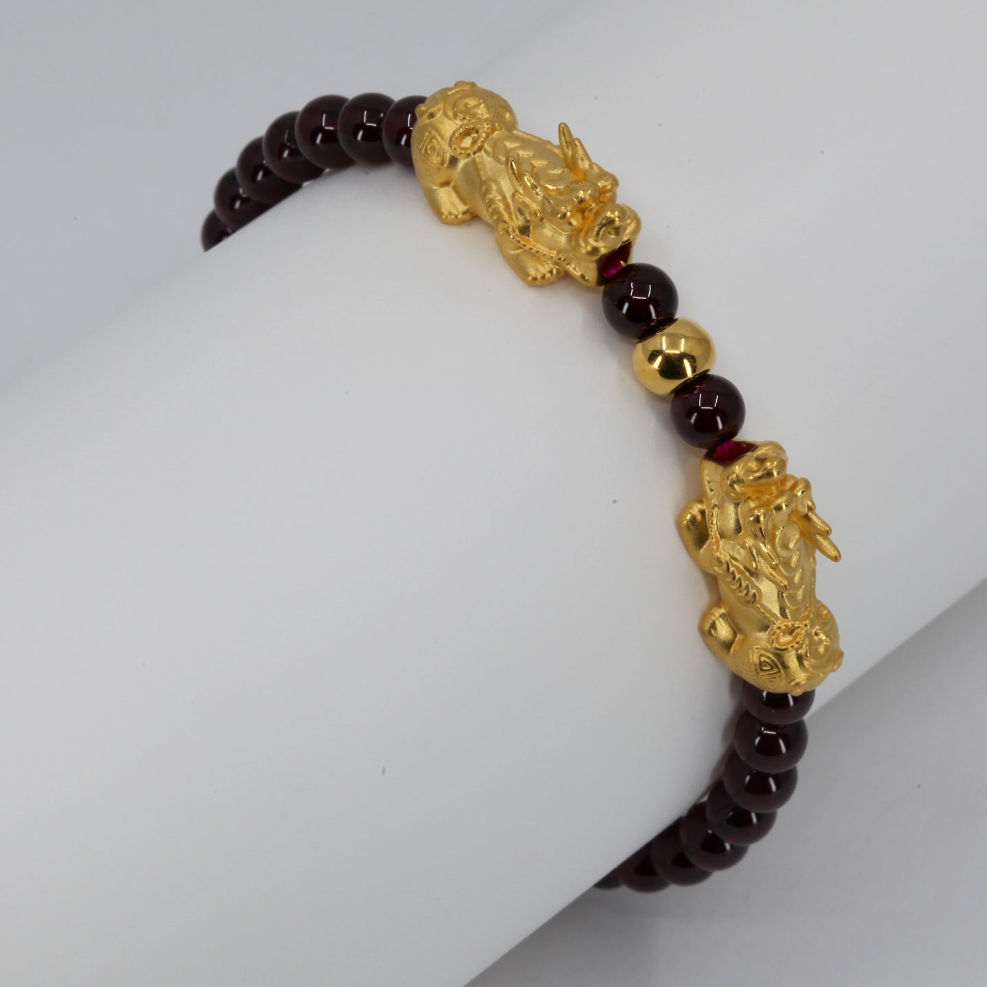24K Solid Yellow Gold Twin Pi Xiu Pi Yao 貔貅 Red Obsidian Bracelet 1.86 Grams