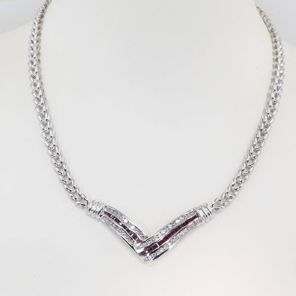14K Solid White Gold Diamond Ruby Necklace R0.78 CT