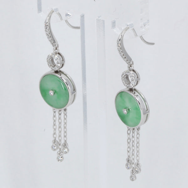 14K White Gold Diamond Green Round Jade Hanging Earrings D0.24 CT