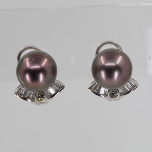 18K White Gold Diamond South Sea Black Pearl French Clip Earrings D0.38 CT