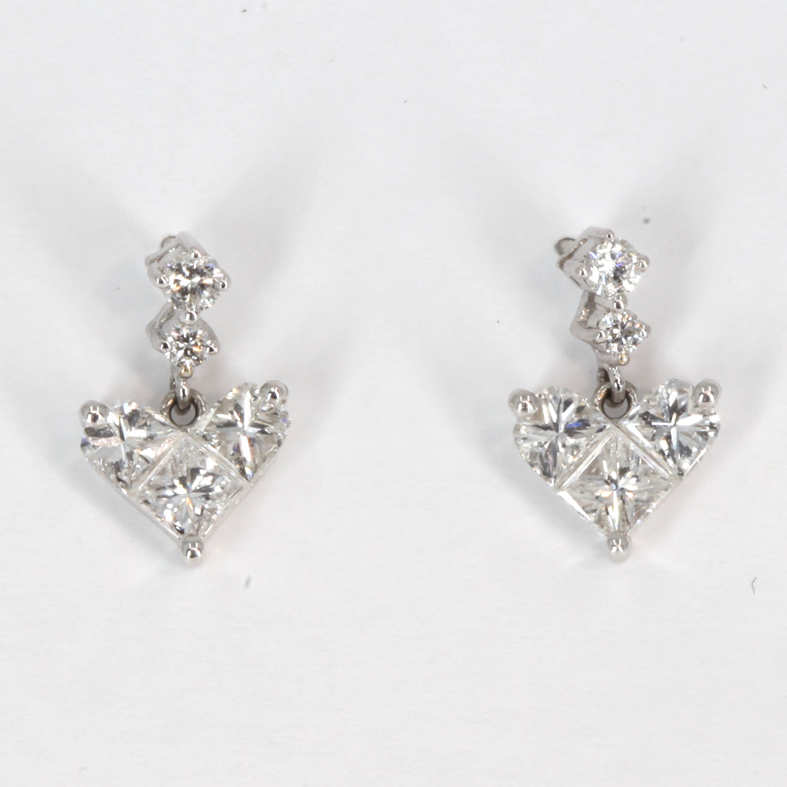 18K Solid White Gold Diamond Hanging Heart Earrings 1.38 CT