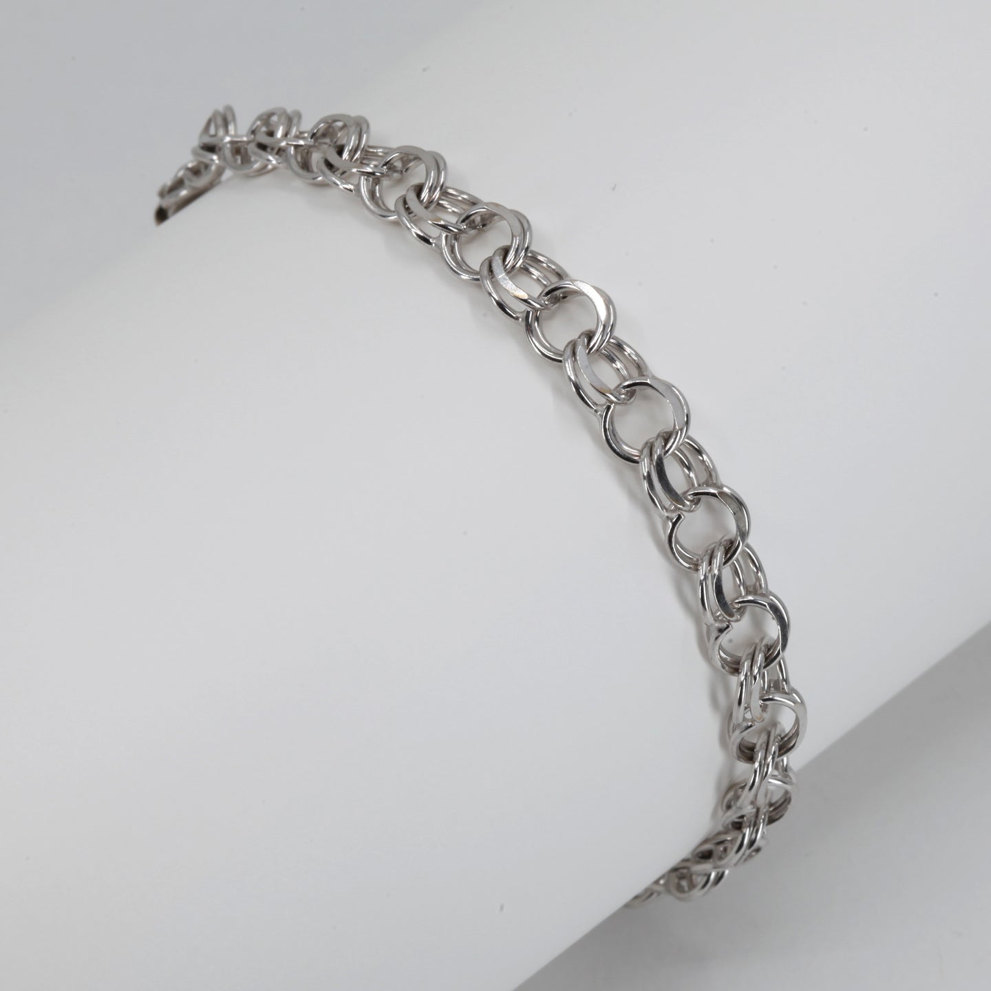 14K Solid White Gold Fancy Design Double Loop Circle Link Bracelet 8