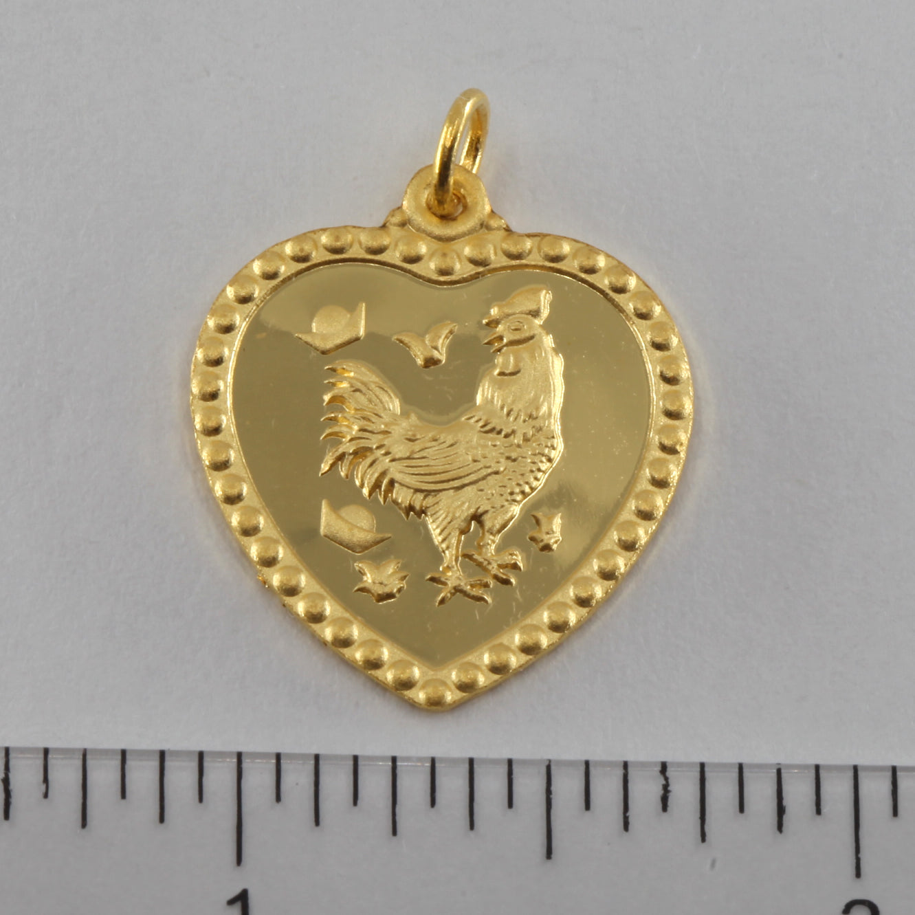 24K Solid Yellow Gold Heart Zodiac Rooster Chicken Hollow Pendant 2.3 Grams