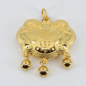 24K Solid Yellow Gold Baby Puffy Longevity Lock with Bells Hollow Pendant 8.9 Grams