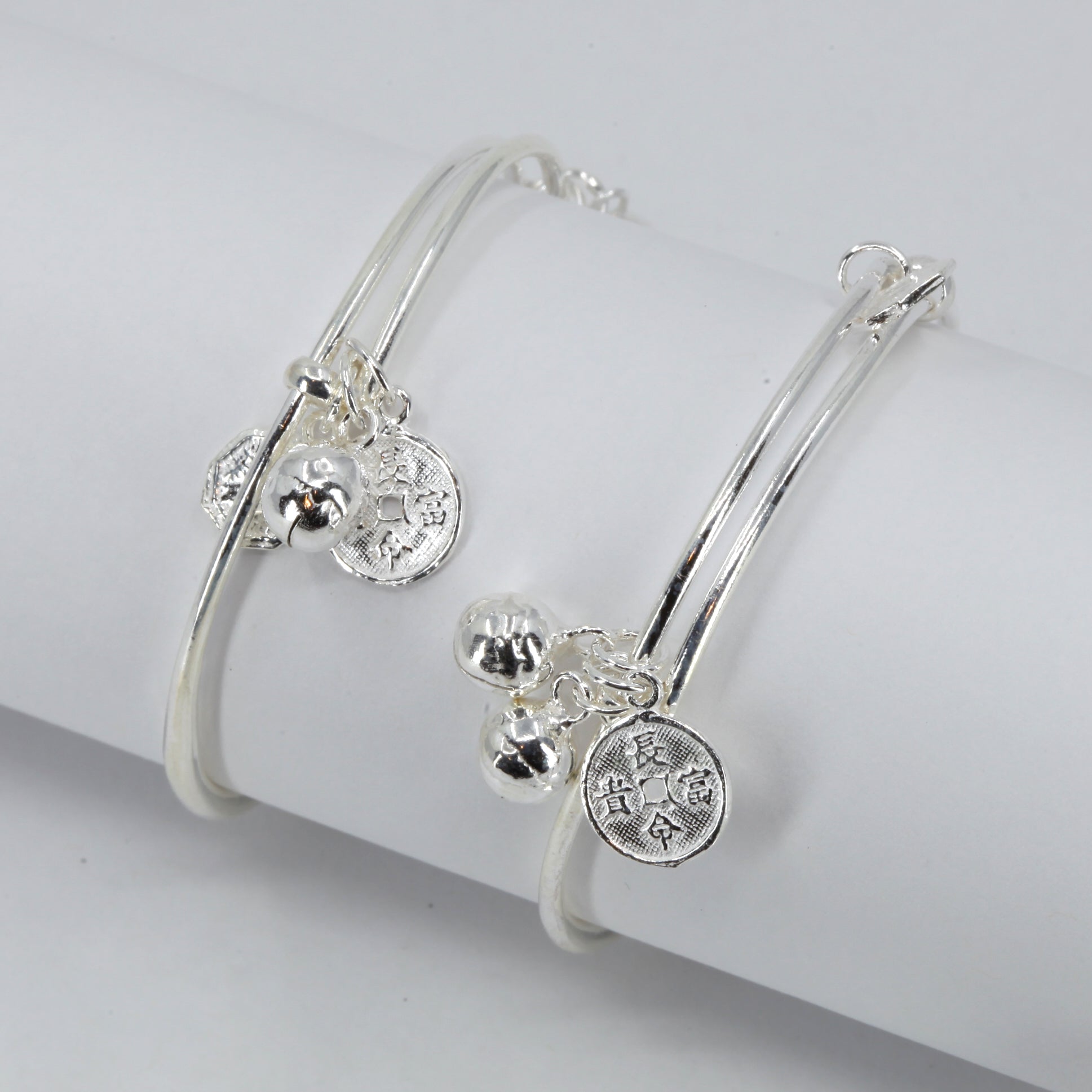 S925 real silver baby/toddler to pre-teen bangles set with sold phiaj and bells