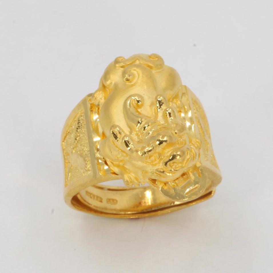 24K Solid Yellow Gold Pi Xiu 貔貅 Men Ring 18.2 Grams