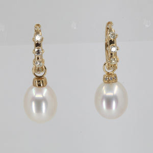 14K Yellow Gold Diamond White Pearl Hanging Earrings D0.36 CT