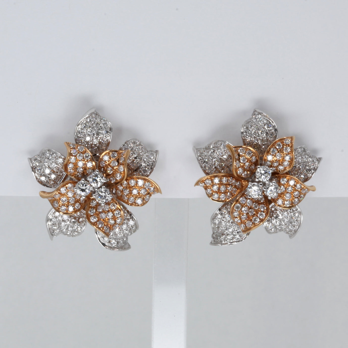 18K White / Rose Gold Diamond Flower French Clip Earrings D2.38 CT