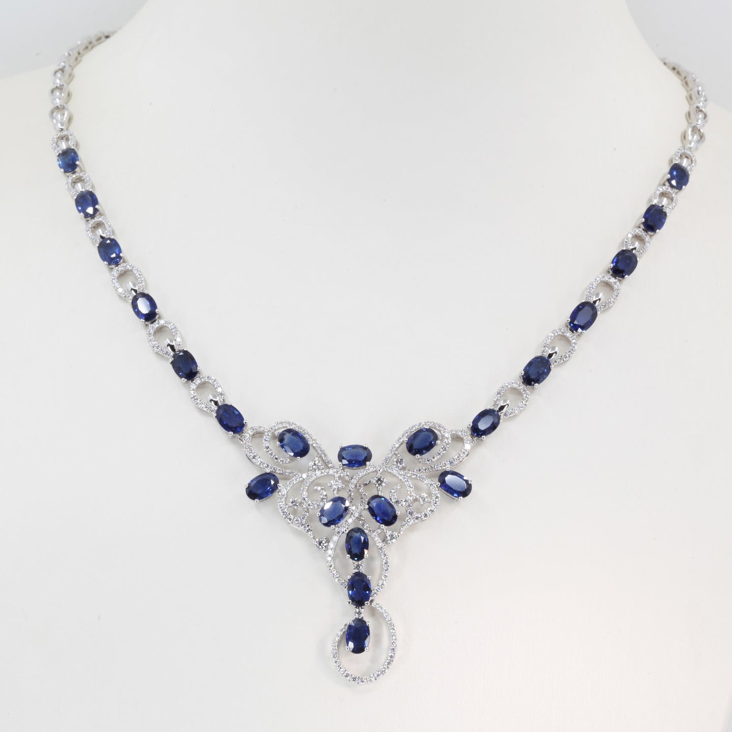 18K Solid White Gold Diamond Sapphire Necklace S12.65 CT