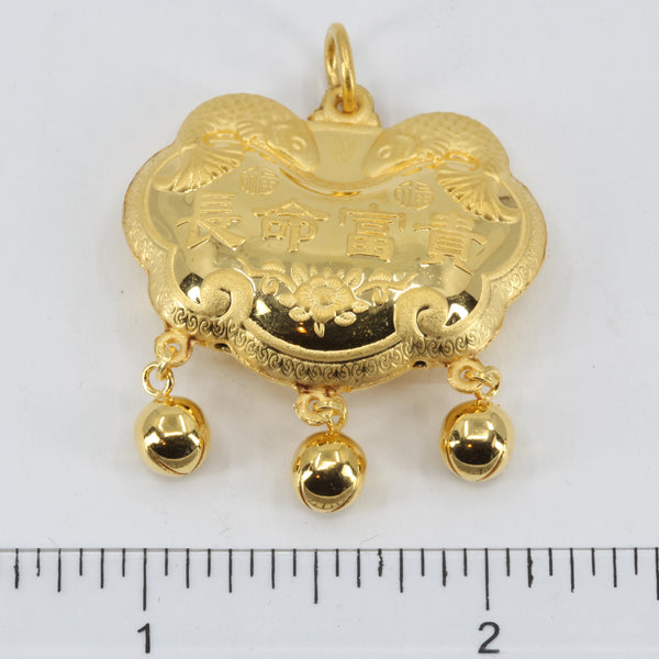 24K Solid Yellow Gold Baby Puffy Longevity Lock with Bells Hollow Pendant 8.9 Grams