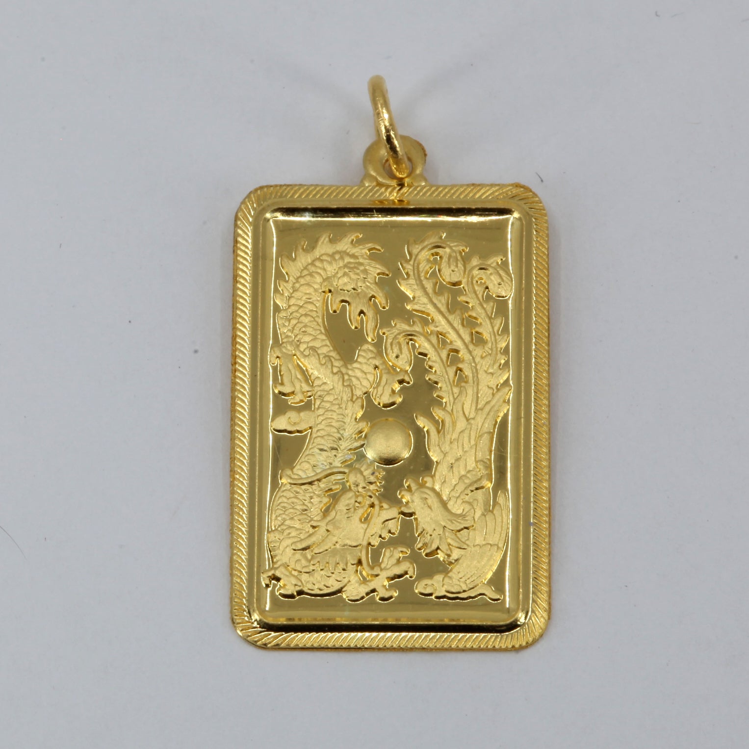 24K Solid Yellow Gold Dragon Phoenix Wedding Rectangular Pendant