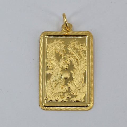 24K Solid Yellow Gold Dragon Phoenix Wedding Rectangular Pendant 5.8 Grams