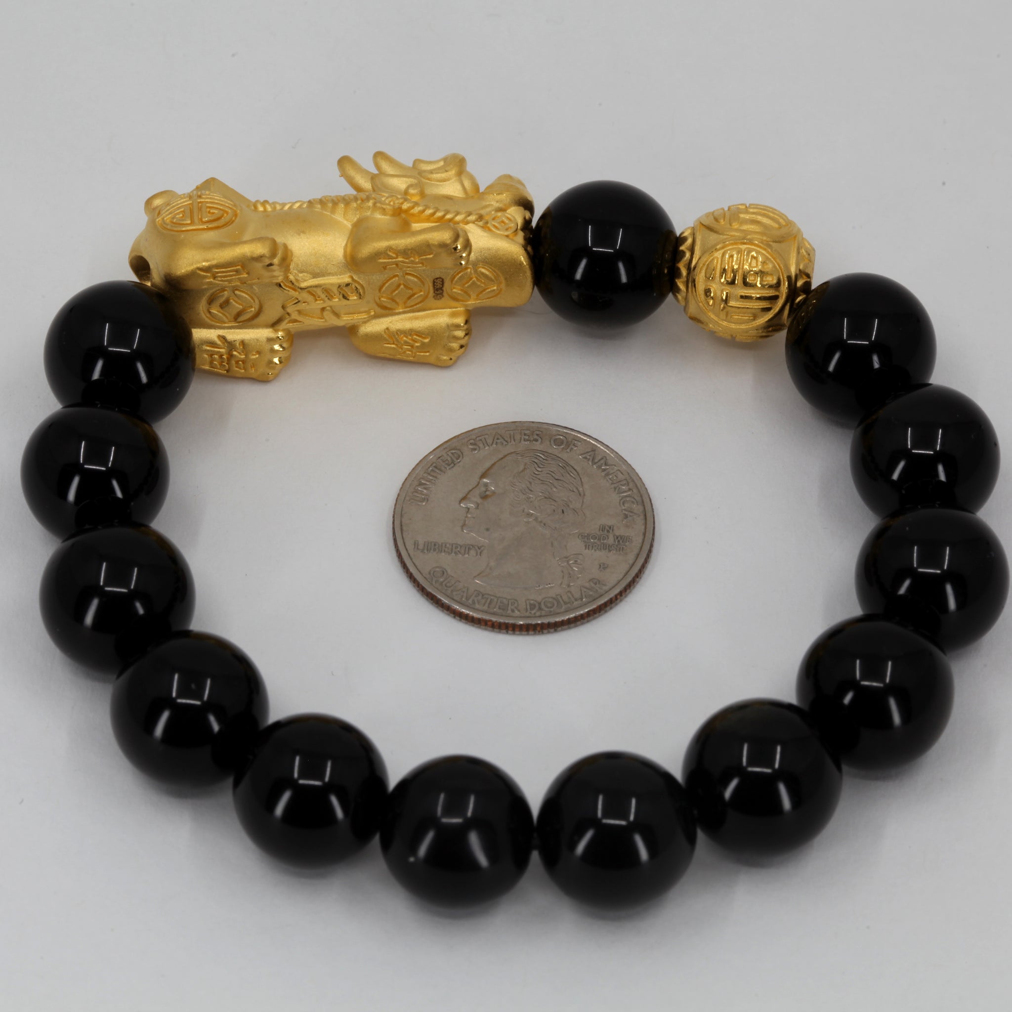 24K Solid Yellow Gold Pi Xiu Pi Yao 貔貅 Black Obsidian Bracelet 