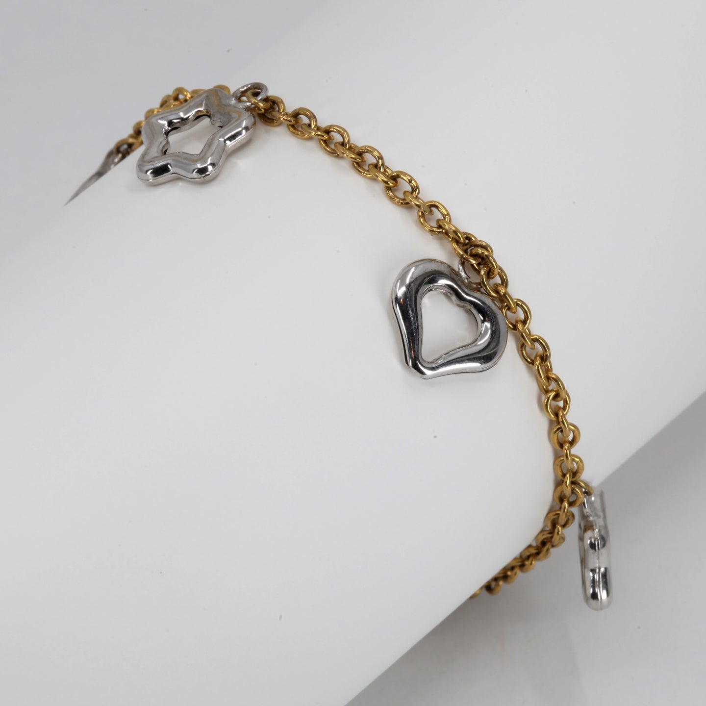 14K Solid Two Tone White Yellow Gold Heart Star Charm Bracelet 7 3/4