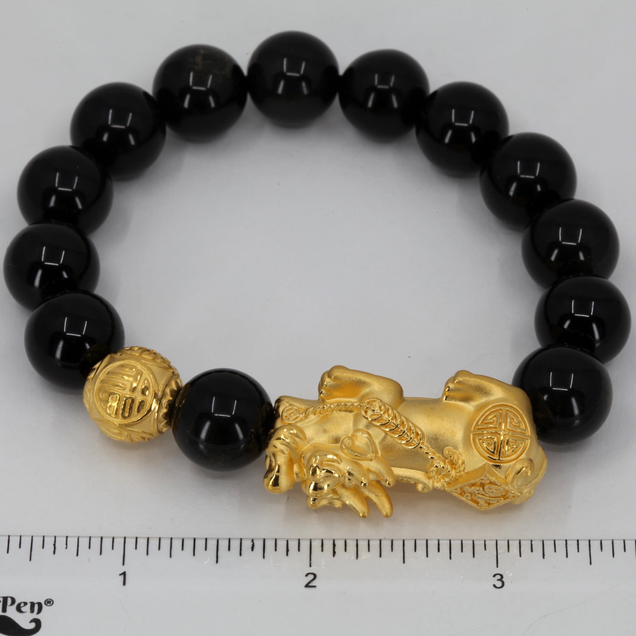 24K Solid Yellow Gold Pi Xiu Pi Yao 貔貅 Black Obsidian