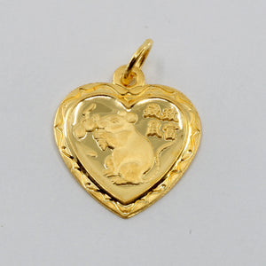 24K Solid Yellow Gold Heart Zodiac Rat Pendant 3.4 Grams