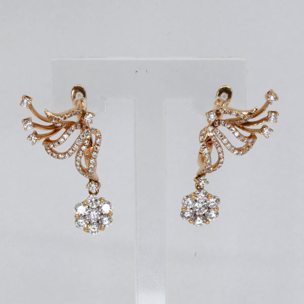 18K Solid Rose Gold Diamond Hanging Flower Hoop Earrings D1.53 CT