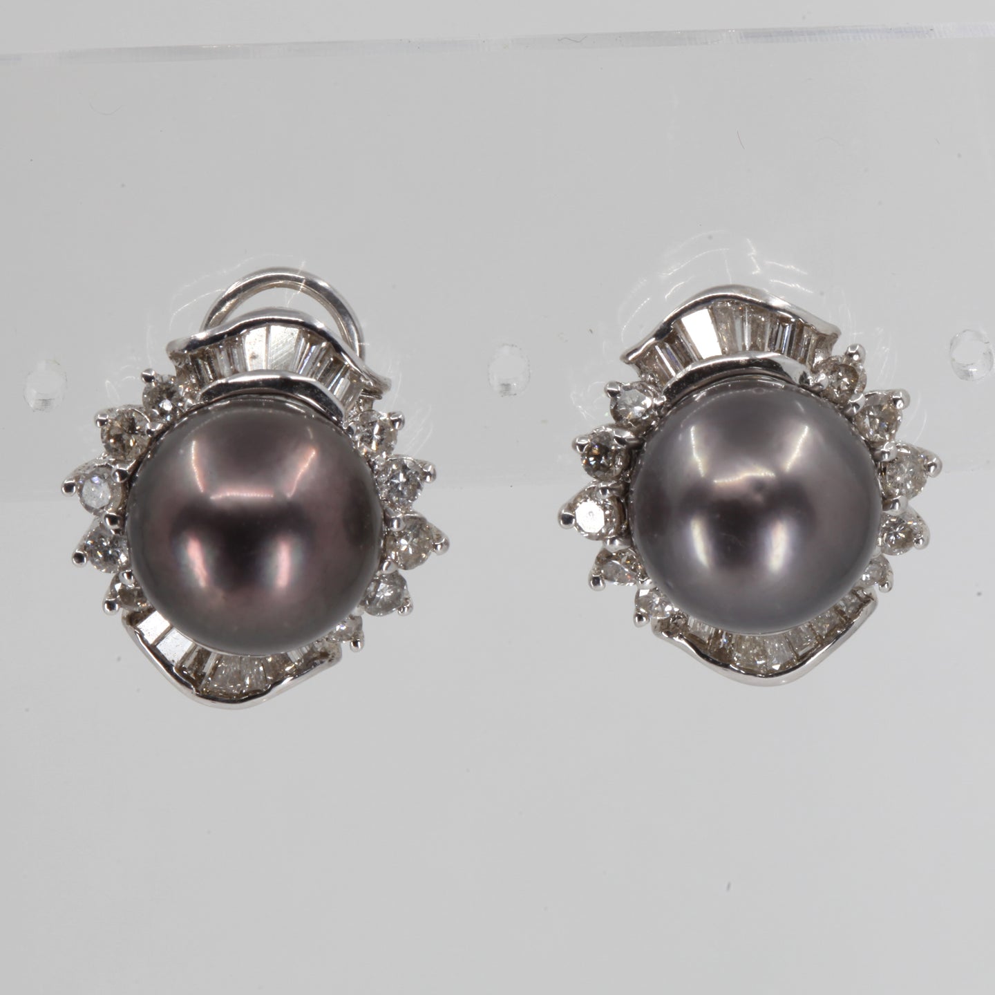 18K White Gold Diamond South Sea Black Pearl French Clip Earrings D2.20 CT