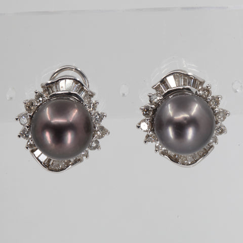 18K White Gold Diamond South Sea Black Pearl French Clip Earrings D2.20 CT