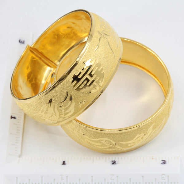 One Pair Of 24K Solid Yellow Gold Wedding Dragon Phoenix Bangles 23.7 Grams