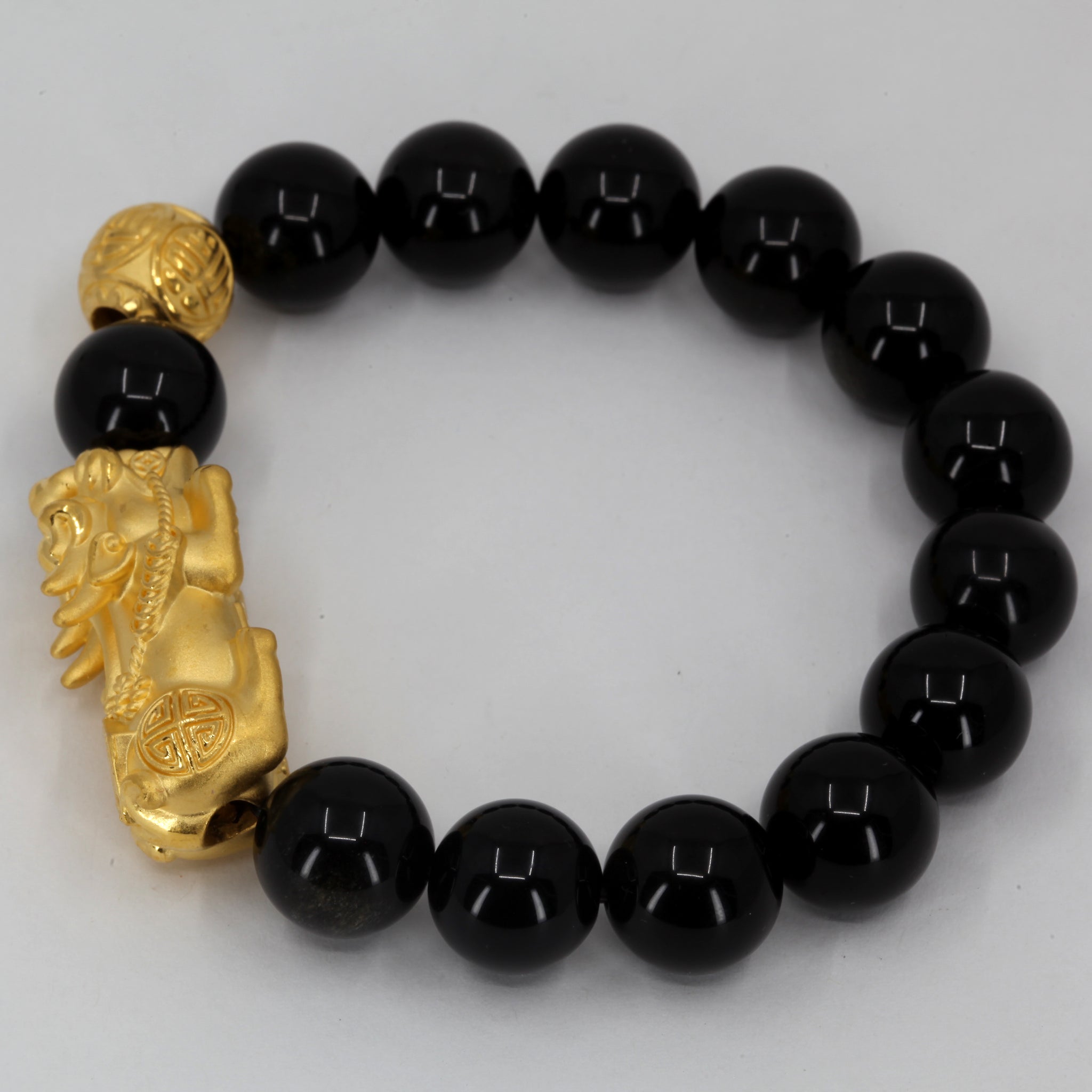 24K Solid Yellow Gold Pi Xiu Pi Yao 貔貅 Black Obsidian Bracelet 