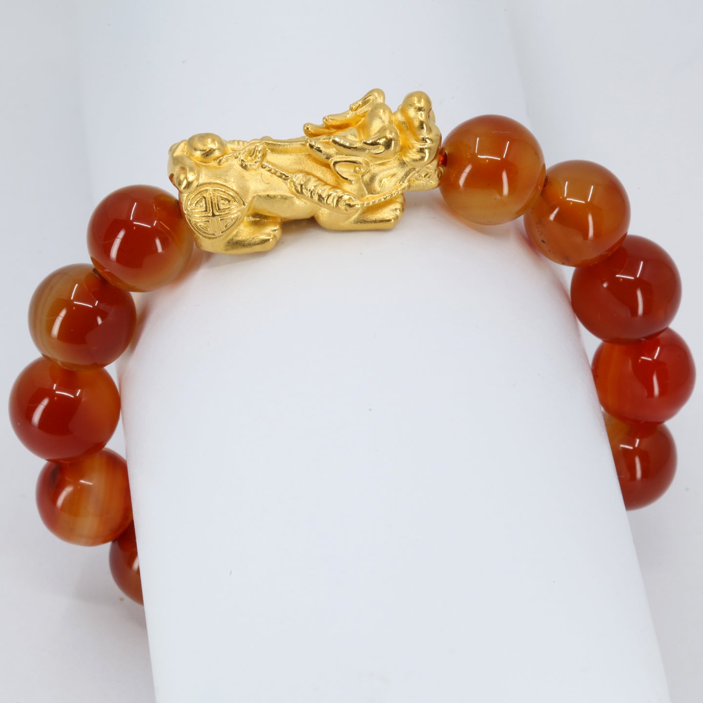 24K Solid Yellow Gold Pi Xiu Pi Yao 貔貅 Red Obsidian Bracelet 4.2 Grams