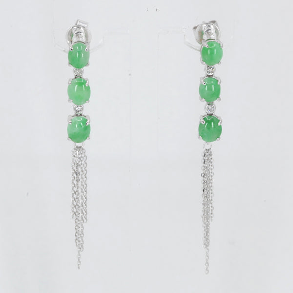 14K White Gold Diamond Green Round Jade Hanging Earrings D0.06 CT