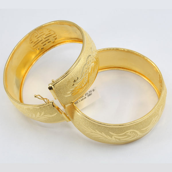 One Pair Of 24K Solid Yellow Gold Wedding Dragon Phoenix Bangles 23.7 Grams
