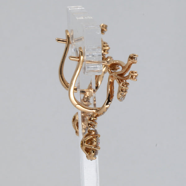 18K Solid Rose Gold Diamond Hanging Flower Hoop Earrings D1.53 CT