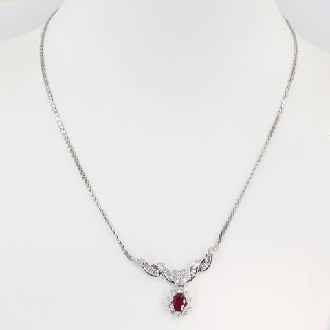 14K Solid White Gold Diamond Ruby Necklace R1.20 CT