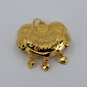 24K Solid Yellow Gold Baby Puffy Genius Lock with Hanging Hearts Pendant 4.6 Grams