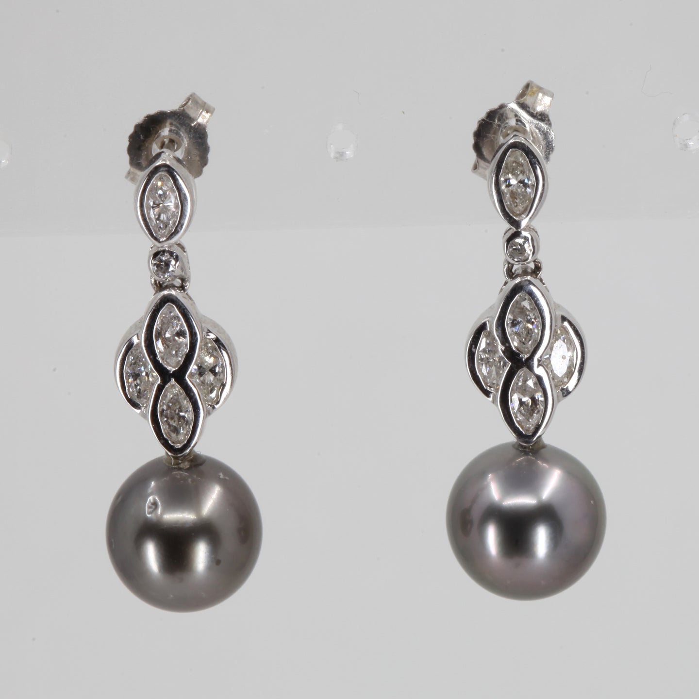 14K White Gold Diamond South Sea Black Pearl Hanging Earrings D0.96 CT