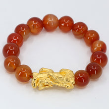 Load image into Gallery viewer, 24K Solid Yellow Gold Pi Xiu Pi Yao 貔貅 Red Obsidian Bracelet 4.2 Grams
