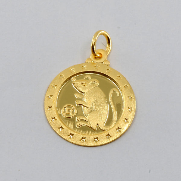 24K Solid Yellow Gold Round Zodiac Rat Pendant 2.4 Grams