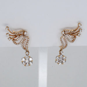 18K Solid Rose Gold Diamond Hanging Flower Hoop Earrings D1.53 CT