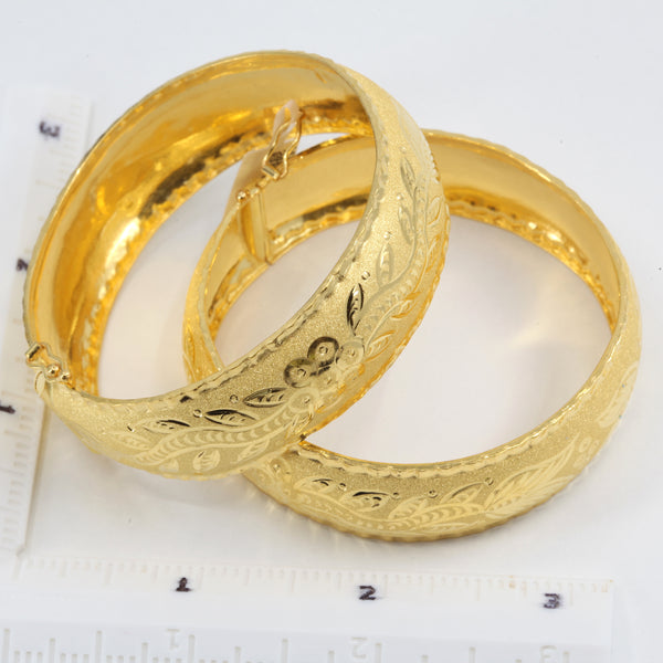 One Pair Of 24K Solid Yellow Gold Wedding Flower Bangles 22.7 Grams