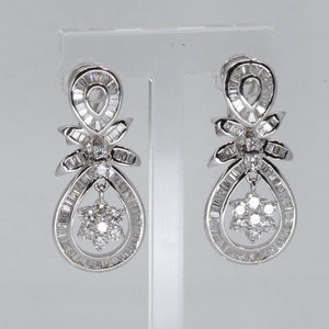 18K Solid White Gold Diamond Hanging French Clip Earrings D2.96 CT