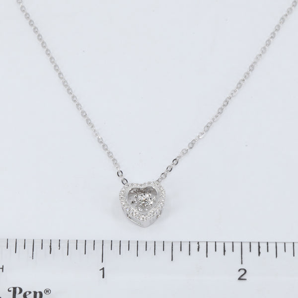 18K Solid White Gold Round Link Chain Necklace with Diamond Heart Pendant 18" D0.03 CT