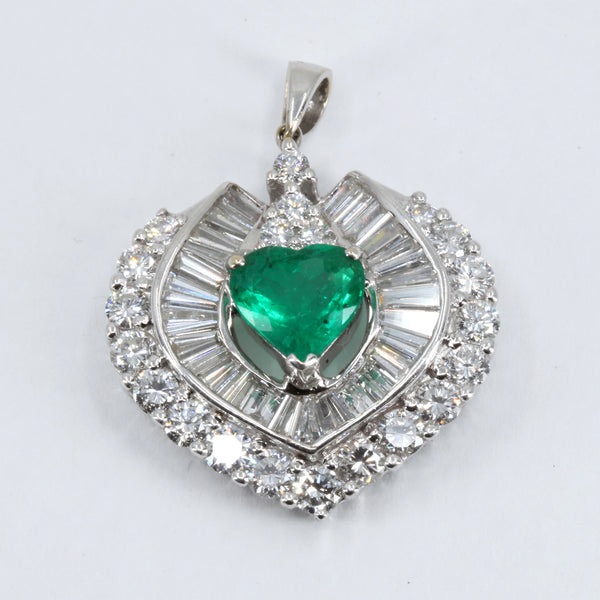 18K White Gold Diamond Emerald Heart Pendant E1.56CT D3.06CT