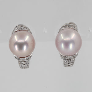 14K White Gold Diamond Pinkish Pearl Hanging French Clip Earrings D0.68 CT